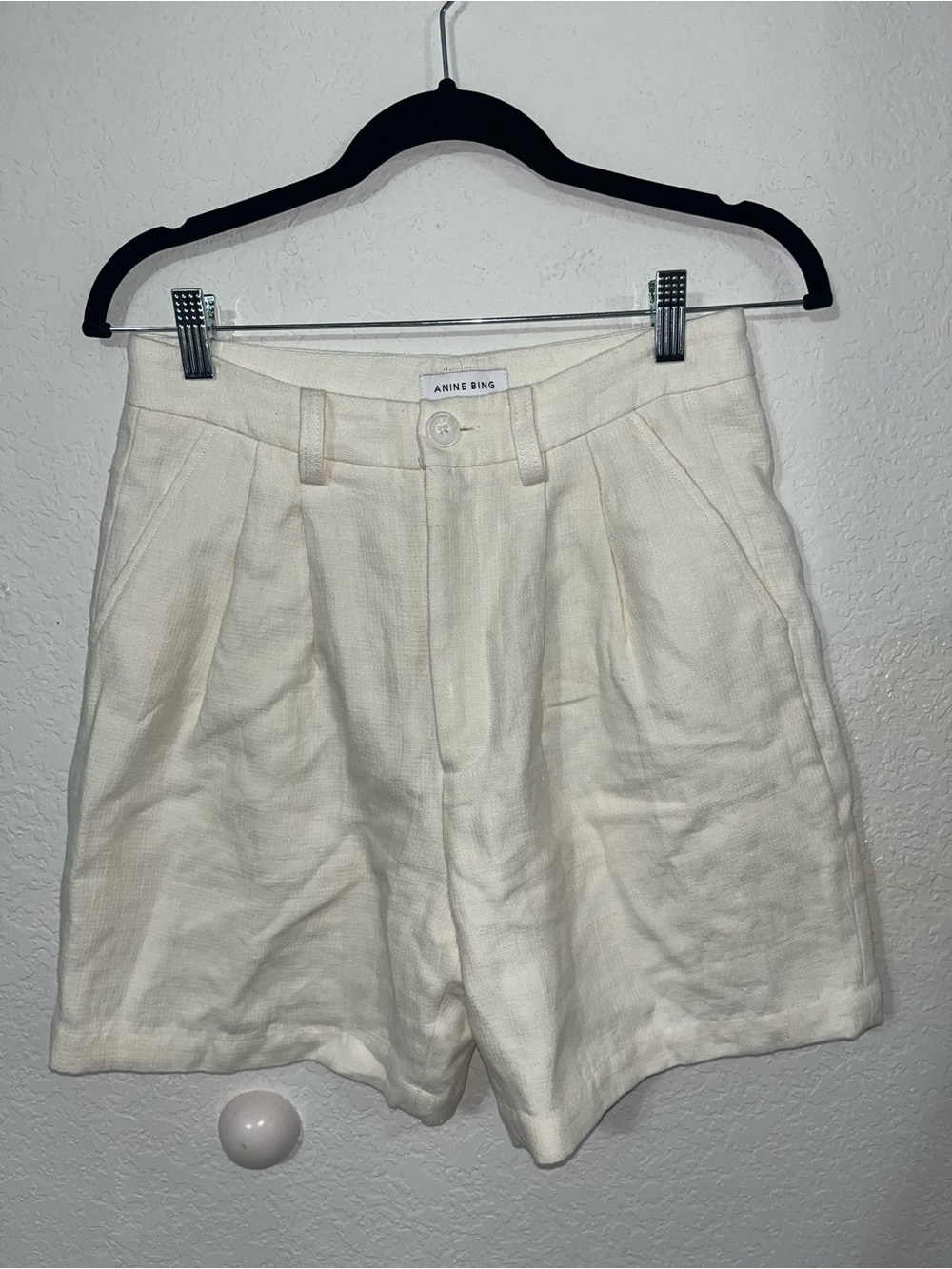 Anine Bing creme high waisted linen shorts